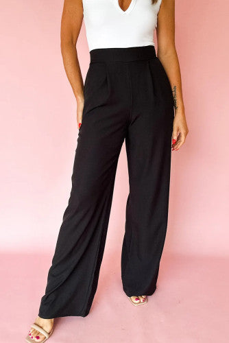 Black Pleated Detail Pull-On High Rise Pants with Elastic Waist
