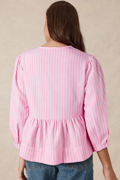 Pink Striped Tie Front Flowy Peplum Top