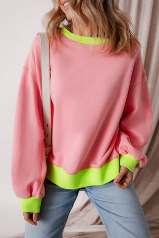 Bright Coral Pink Bubble Sleeve Pullover with Neon Green Conrast Trim