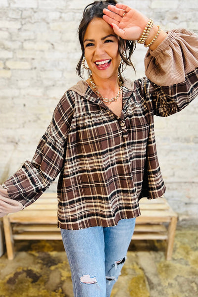 Brown Plaid Flannel Pullover with Contrasting Waffle Knit Hood