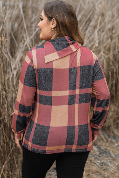 Curvy Plaid Long Sleeve Top with Asymmetric Neckline and Button Details