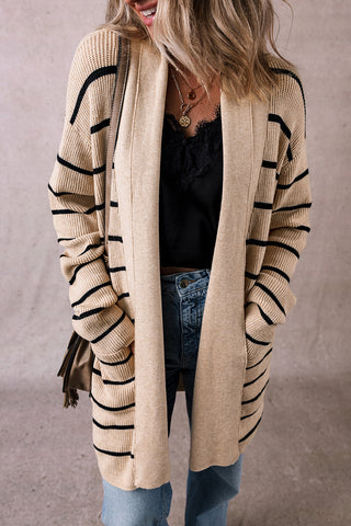 Black Striped Open Front Cardigan with Pockets