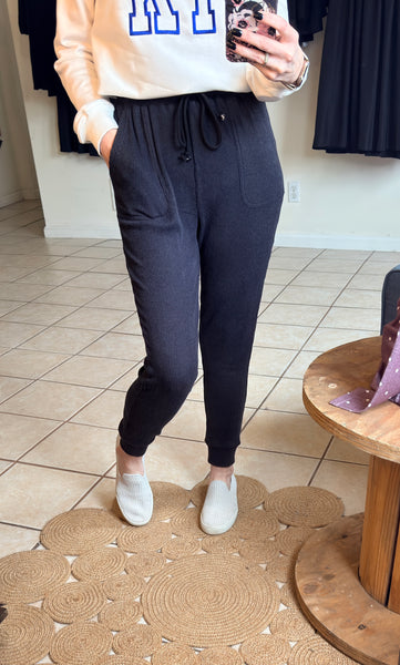 Black Stretchy and Soft Ribbed Joggers with Drawstring Waist