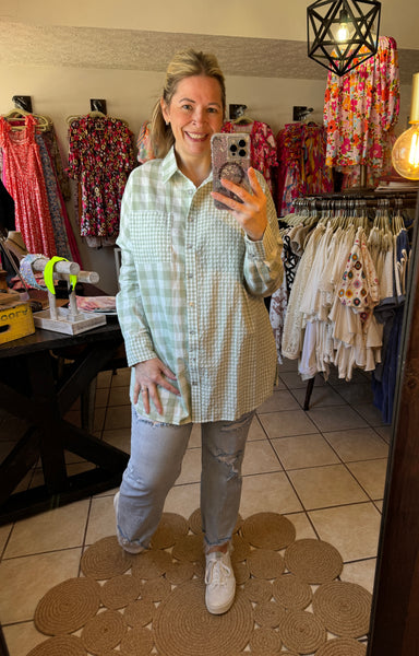 Mint Green Mixed Checkered Oversized Button Up Top