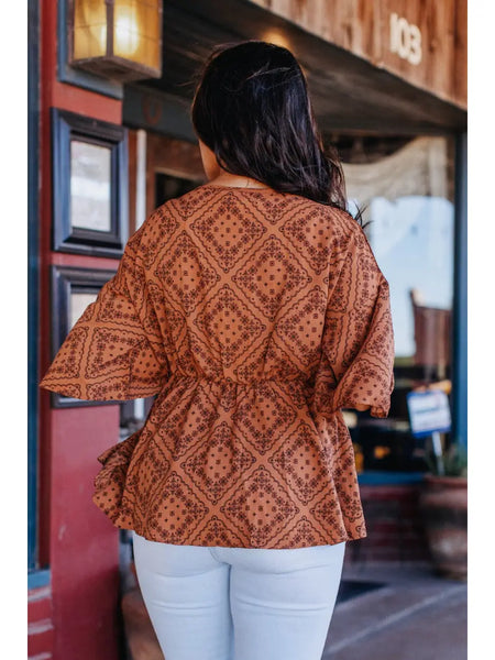 Brown Flutter Half Sleeve Peplum Top with Lacey Print