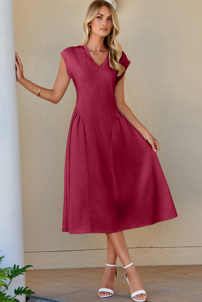 Red Dahlia V-Neck Flared Midi Dress