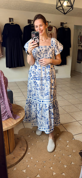 Blue Floral Tiered Maxi Dress with Smocked Bodice
