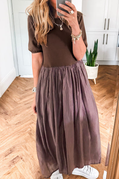 Brown Short Sleeve Knit Top Patchwork Maxi Dress