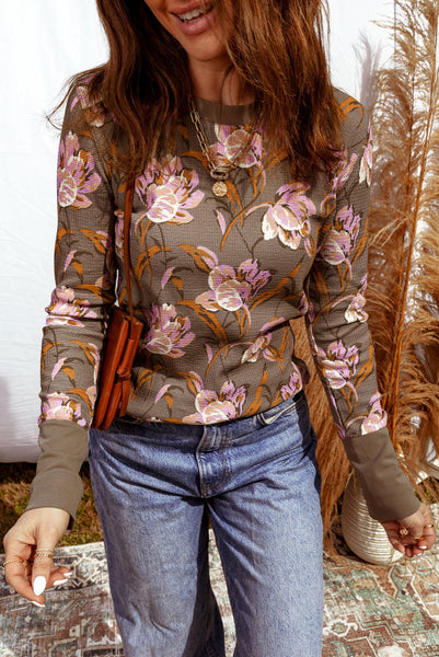 Brown Floral Waffle Texture Long Sleeve Top