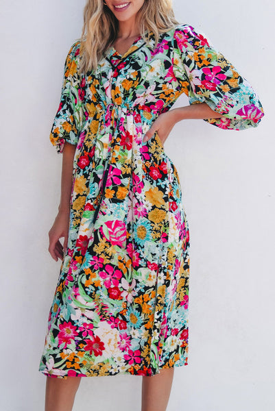 Colorful Floral Cinch Waist Midi Dress