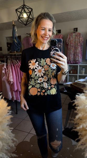 Black Wildflower and Pumpkin Print Fall Tee