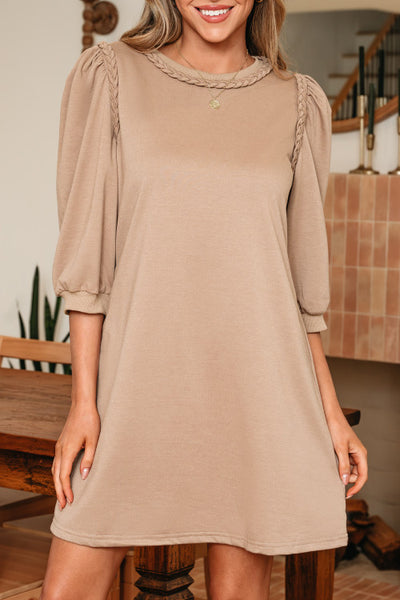 Light French Beige Braided Trim 3/4 Length Sleeve Dress