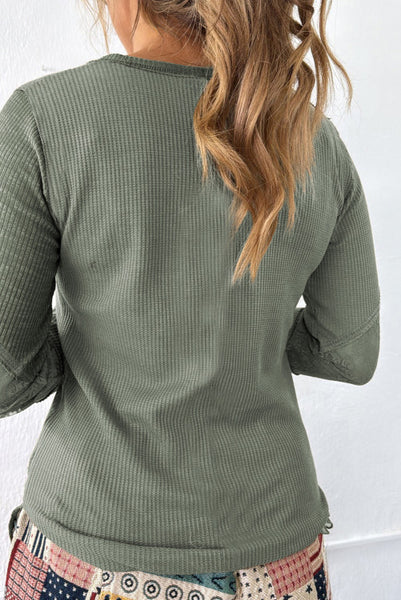 Sage Green Mixed Material Patchwork Long Sleeve Top with Lace Trim