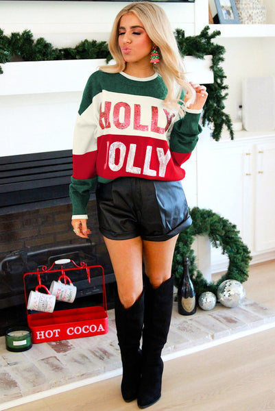 Red and Green Sequined HOLLY JOLLY Colorblocked Sweater
