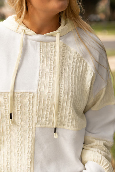 Curvy Ivory and Cream Patchwork Mixed Textures Hoodie