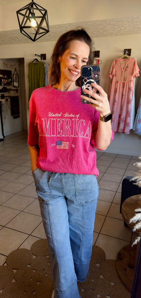 Rose Pink Mineral Wash Relaxed United States of America Tee - Patriotic - 4th of July - Memorial Day - Veteran's Day - USA