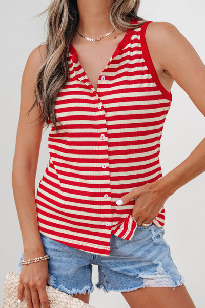 Red and Cream Striped Ribbed Button Up Tank Top