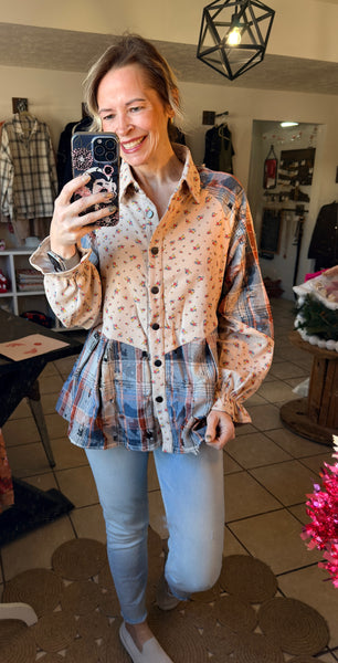 Blue Boho Floral and Plaid Patchwork Distressed Detail Ruffled Sleeve Waffle Knit Shacket