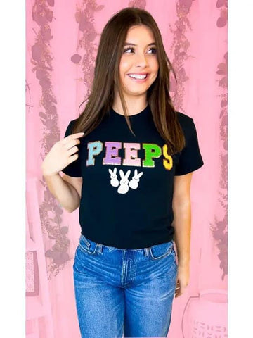 ‘PEEPS’ Chenille and Sparkle Lettering with Glitter Bunnies Tee