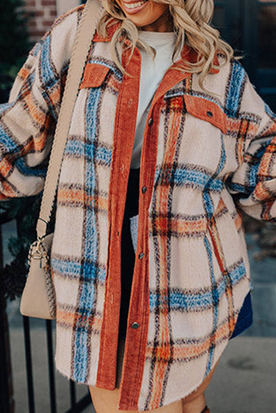 Curvy Orange and Blue Plaid Cozy Button Up Shacket