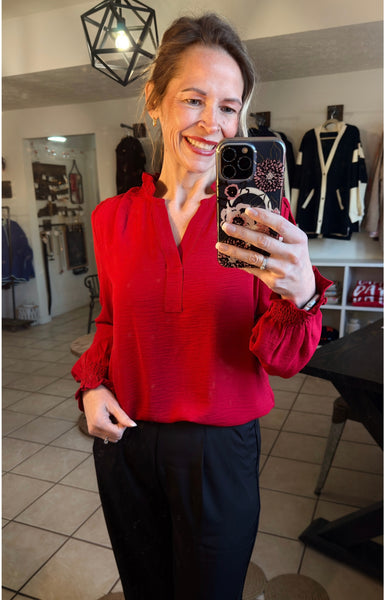 Burgundy Notched V-Neck Shirred Cuff Long Sleeve Top