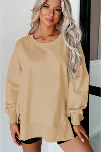 French Beige Exposed Seam Pullover with Side Slits