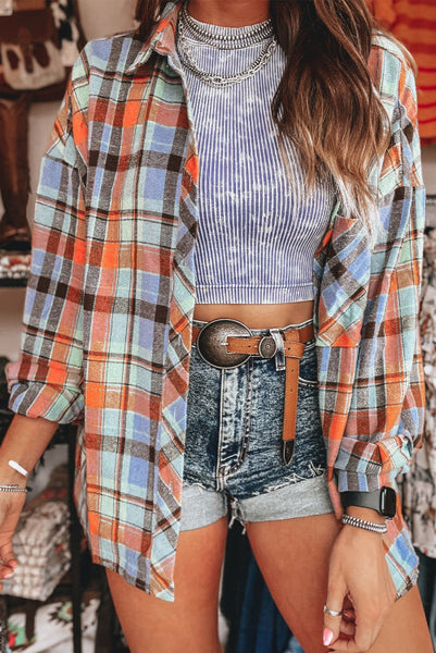 Light Blue Button Up Plaid Flannel Top