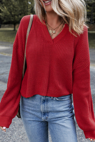 Red Textured Knit V-Neck Drop Shoulder Sweater