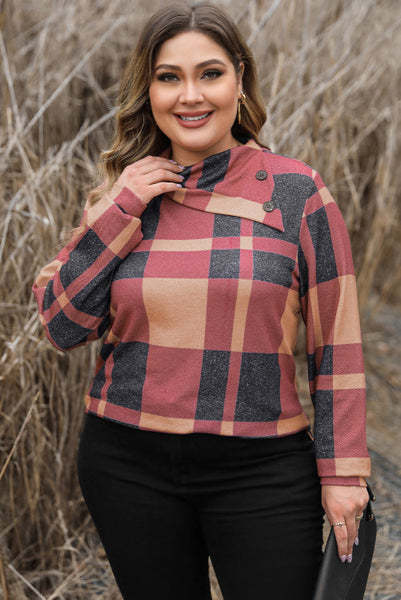 Curvy Plaid Long Sleeve Top with Asymmetric Neckline and Button Details