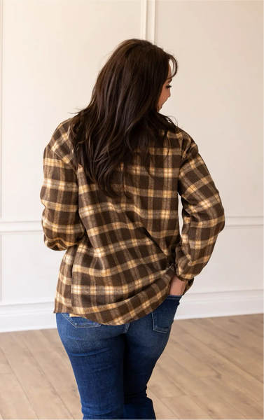 Brown Plaid Shacket with Elastic Gathered Wrists