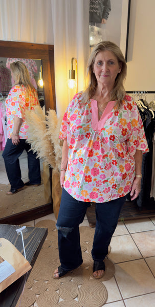 Curvy Colorful Floral Split Neck Top