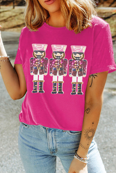 Rose Red Tee with Colorful Sequin Nutcrackers