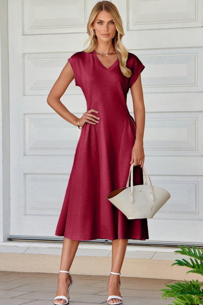 Red Dahlia V-Neck Flared Midi Dress