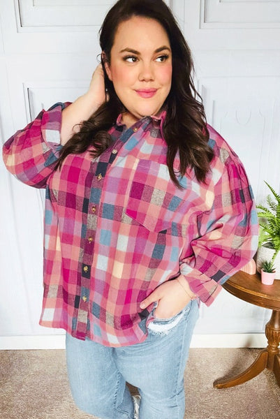 Curvy Pink Checkered Button Up Flannel