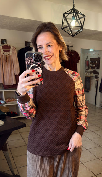 Brown Quilted Long Sleeve Top with Plaid Contrasting Sleeves