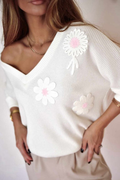 White Waffle Texture V Neck Top with Flower Details