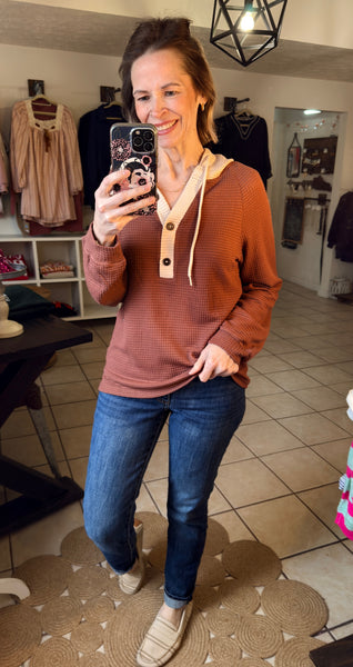 Coffee Waffle Knit Contrast Hooded Top