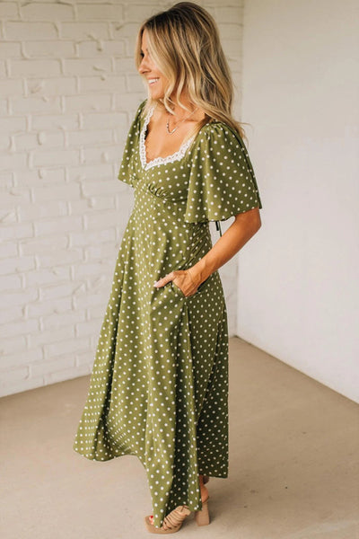 Green Polka Dot Lace Trimmed Neckline High Waist Maxi Dress