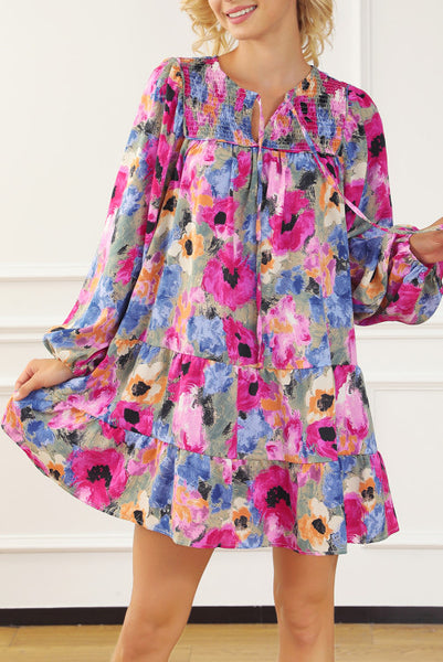 Watercolor Floral Drop Waist Dress with Smocked Neckline