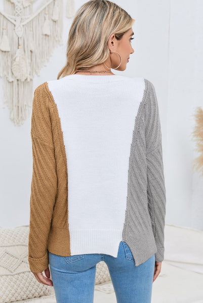 Vertical Colorblock Sweater - Camel - Ivory - Gray