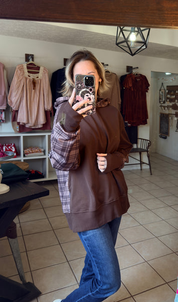 Chicory Coffee and Plaid Hooded Pullover with Side Slits and Thumbholes