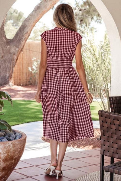 Red Gingham Shirred Waist Zip Up Maxi Dress