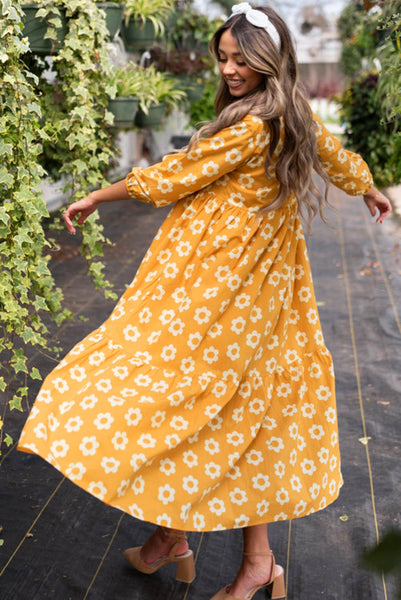 Yellow Floral Boho 3/4 Length Sleeve Dress