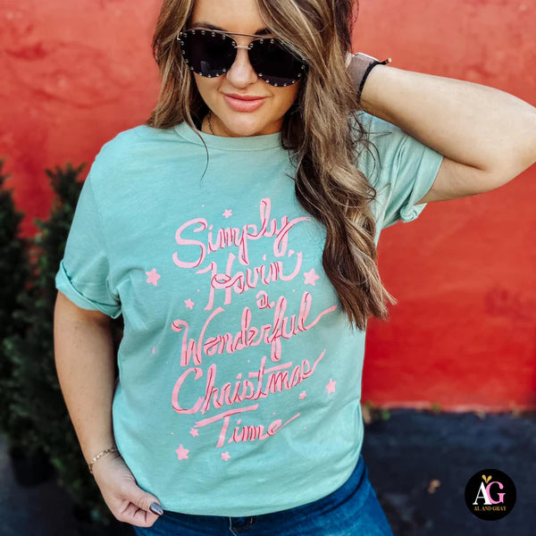 'Simply Havin' a Wonderful Christmas Time' Graphic Tee - Aqua Blue Tee - Pink Christmas - Bella Canvas