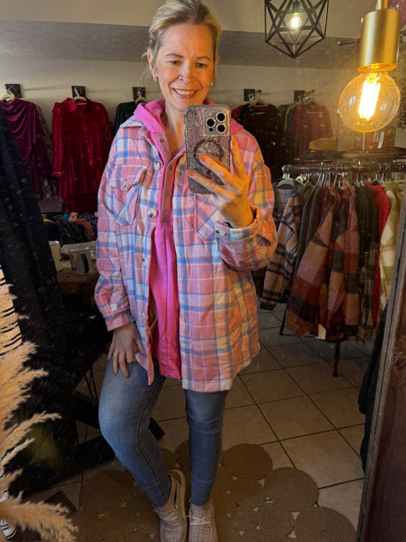 Pink Plaid Button Up Shacket with Flap Pockets and Slant Pockets