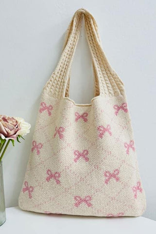 Beige Mixed Sweater Knit Bag with Bow Design - Coquette