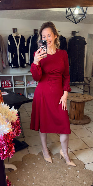 Burgundy Ruched Detail Long Sleeve Midi Dress