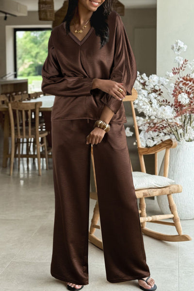 Dark Brown Braided V-Neck Top and Drawstring Pants Set