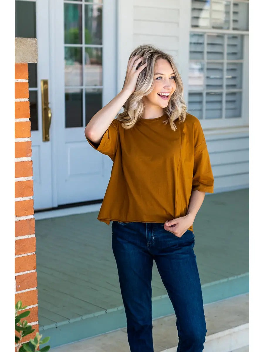 Rust Short Sleeve Shorter Length Top with Raw Hemline and Distressed Edging - Cropped