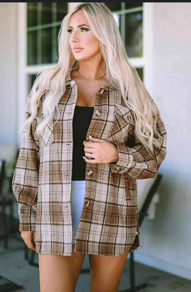 Brown Plaid Button Up Shacket with Slant Pockets